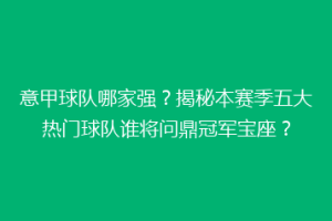 意甲球队哪家强？揭秘本赛季五大热门球队谁将问鼎冠军宝座？