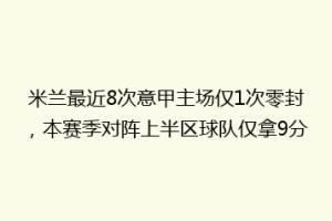 米兰最近8次意甲主场仅1次零封，本赛季对阵上半区球队仅拿9分