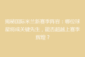 揭秘国际米兰新赛季阵容：哪位球星将成关键先生，能否超越上赛季辉煌？